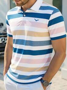 Manfinity Homme 男士条纹印花翻领 Polo 衫，适合居家、外出、聚会和度假穿着 - 藍色 - 查看 1