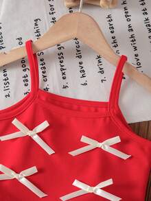 Young Girls Festive Red 2 Pieces Outfit, Sleeveless Top With Bow And Ribbon Details, Layered Ruffles Shorts, Perfect For Spring Summer Birthdays&Parties - Red - View 6