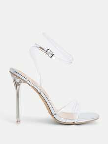 Glitzique Giày cao gót thời trang nữ, Sandal đế bằng Jelly Strap, Sandal quai ngang Bare Wrap, Sandal mũi vuông tối giản, Giày cao gót pha lê trong suốt, Sandal bạc thường và ngoài trời mùa hè dành cho nữ - Trong sáng - Xem 5