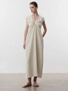 SHEIN Stylify 女士春夏户外连衣裙，优雅时尚，适合新年、情人节、复活节、母亲节、中东婚礼、职场、浪漫假期等场合，亚麻条纹V领抽绳长款连衣裙，无袖，米色/卡其色，带口袋 - 卡其色 - 查看 4