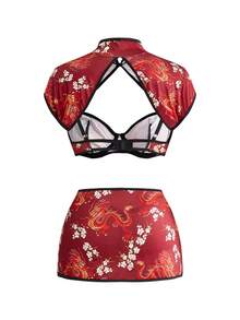 4pcs Sexy Printed Underwire Push-Up Hollow-Out Lingerie Set - Multicolor - View 7