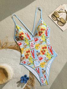 Swim Vcay 女士随机印花V领性感露背连体泳衣，适合海滩和度假 - 彩色 - 查看 4