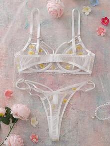 2pcs Sheer Daisy Underwire Bra Set - Multicolor - View 2