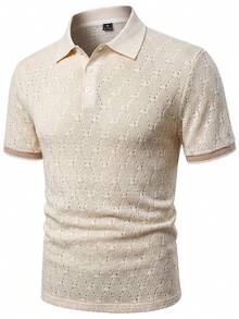 Manfinity Bizformal 男士短袖纹理面料 Polo 衫，适合外出和聚会，奶油色上衣，男士钩针衬衫，针织男士衬衫 - 杏色 - 查看 4