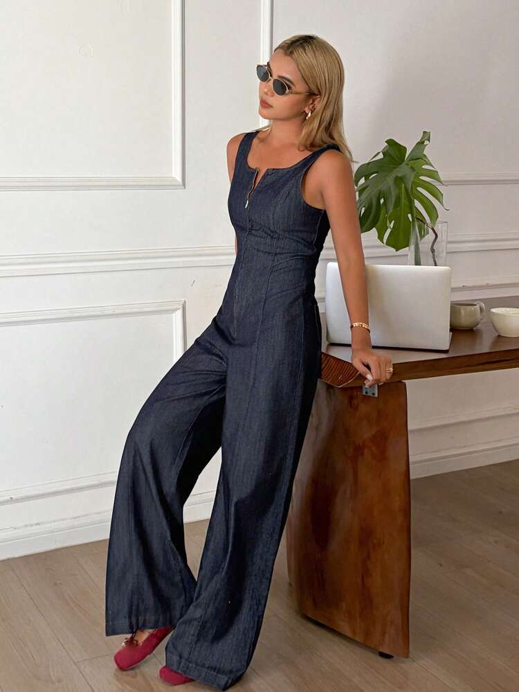 Women's Casual Denim Bib Overalls With Deep U-Neck Sleeveless Design