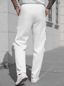 Manfinity CasualCool Men Solid Drawstring Waist Simple Daily Wide Leg Pants Long Plain All White Pants, For Going Out, For Fall - White - View 6