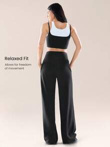 GLOWMODE SoftSerene 莫代尔面料，柔滑丝滑，透气舒适，宽松版型，高腰设计，侧边口袋，高腰阔腿休闲裤，日常休闲穿着 - 黑色 - 查看 2