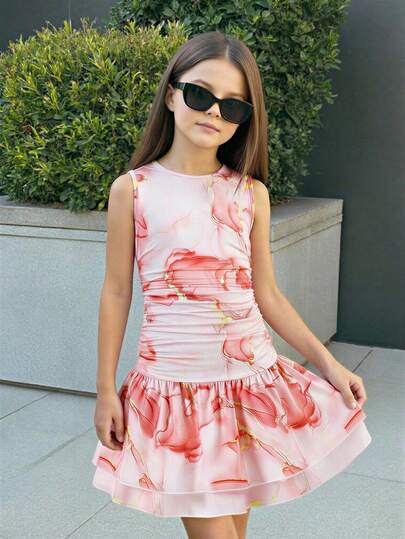 Sparklyn Tween Girl Spring/Summer Vacation Beach Elegant Wave Floral Print Round Neck Sleeveless Fitted Low Waist Double Ruffle Hem Knit Printed Dress