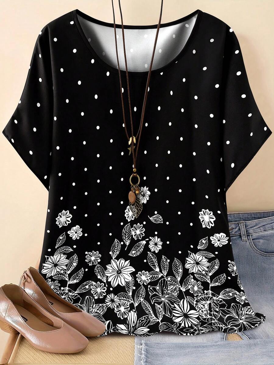 SHEIN LUNE CURVE 大码女式印花圆领T恤 - 面料柔软舒适，印花图案，休闲圆领短袖T恤，适合春夏穿着，大码女装 - 黑與白 - 查看 1