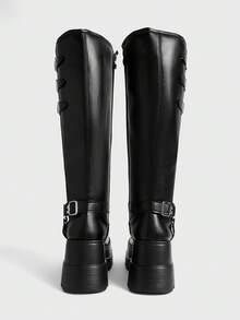 Sugerpunk Women's Fashion Thick Sole Buckle Knee-High Boots - Black - View 3