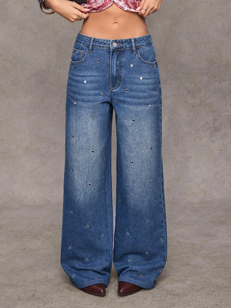 Flirla Women's Fashion Casual Distressed Metal Grommet Y2K Wide Leg Straight Leg Jeans - Medium Wash - View 1