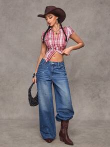 Flirla Women's Fashion Casual Distressed Metal Grommet Y2K Wide Leg Straight Leg Jeans - Medium Wash - View 6