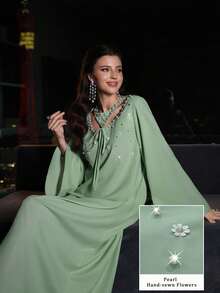 Al Najma Women's Elegant V-Neck Tie-Waist Long Sleeve Pearl Decor Mint Green 2 In 1 Slim Dress - Mint Green - View 4