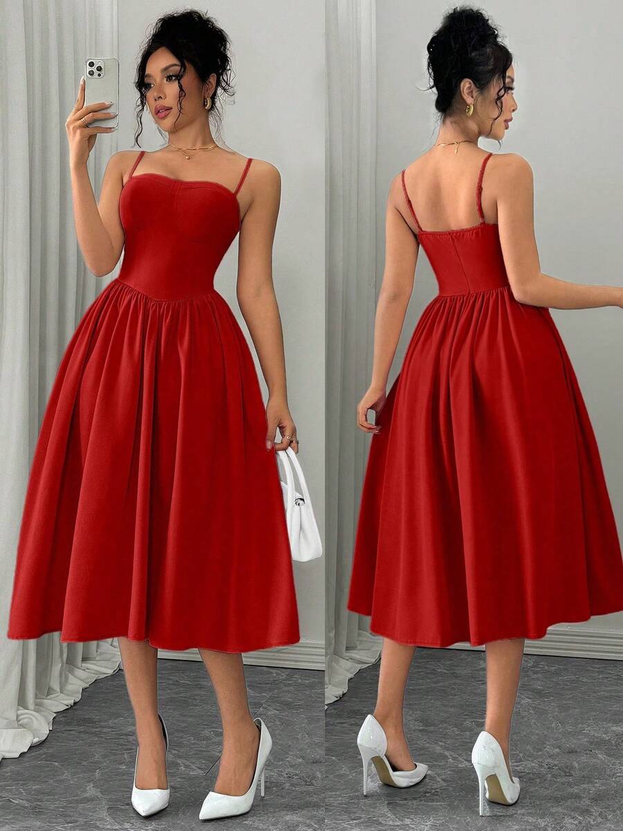 Rafferiza 时尚百搭约会派对吊带背心高腰喇叭裙，女式秋冬装 - 紅色 - 查看 1