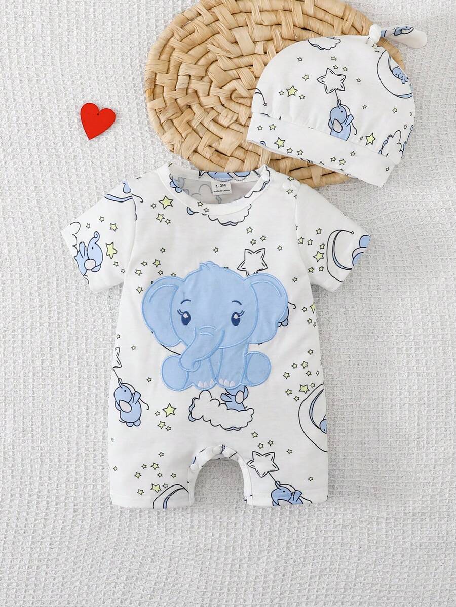 SHEIN Vintaside Kids Set de 2 piezas de pelele y gorro con estampado de elefante bordado, de manga corta y cuello redondo con broches en los hombros, para bebé recién nacido - Multicolor - Ver 1