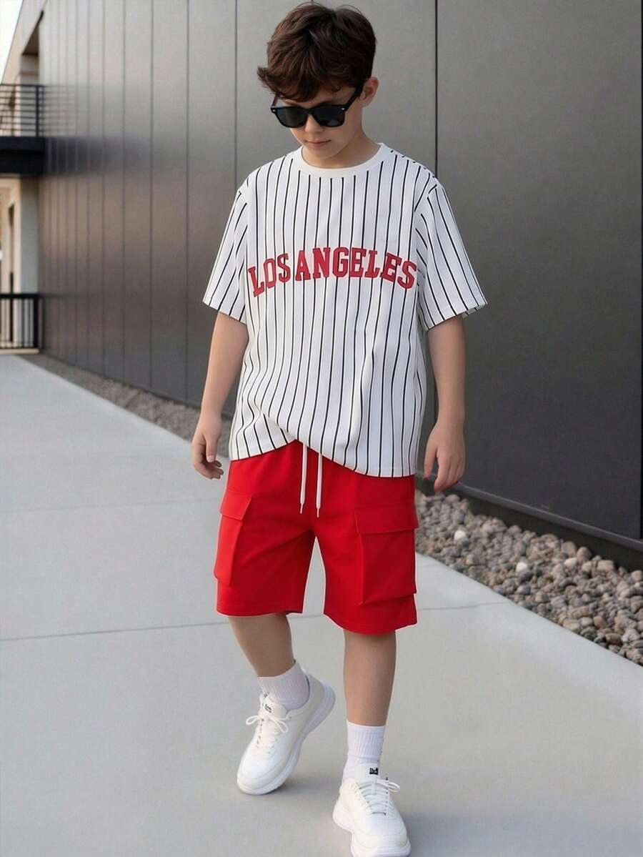 两件套青少年男童休闲字母图案T恤和宽松工装短裤套装 - 紅色 - 查看 1