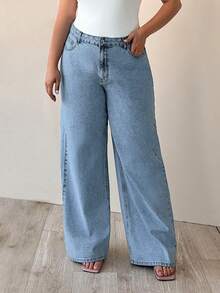 SHEIN Cottnline 100% Cotton High Waist Wide Leg Plus Size Jeans - Baby Blue - View 4