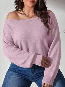 SHEIN Cottnline كنزة صوفية بكتف مكشوف بلون وردي فاتح، ملابس منزلية رسمية وكاجوال بديلة للخريف، مقاس كبير - وردي فاتح - مشاهدة 5