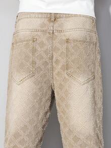 Manfinity Homme Men's Khaki Diamond Crochet Denim Jeans, Casual Straight Leg Pants - Khaki - View 4