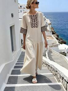 Wandoria Women's Beige Summer Boho Vacation Holiday Dress,Elegant Khaki Floral Print Round Neck Mid-Sleeve Ankle-Length Urban Chic Daily Wear Wedding Gala - Apricot - View 5