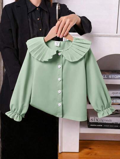 SHEIN Young Girl Casual Basic Elegant School Style Puff Sleeve White Shirt With Pleated Peter Pan Collar And Ruffle Cuffs, Suitable For Autumn, Winter, School, Award Ceremonies, Performances, Parties, And Daily Wear.,Holiday,Summer,Travel