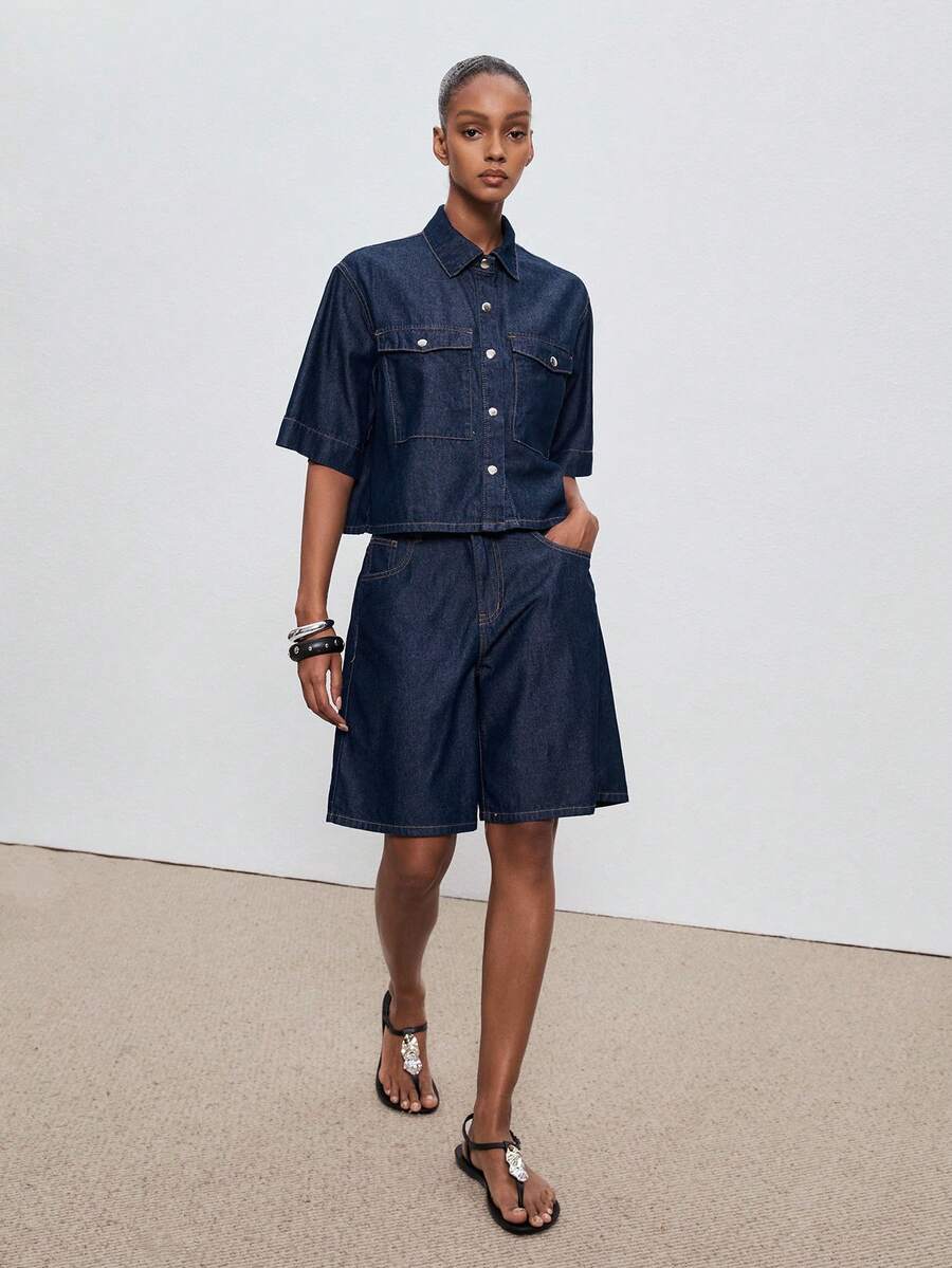 ATUI Studio Women's Solid Color Minimalist Daily Wear Short Sleeve Top And Shorts Denim Set - Navy Blue - View 1