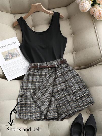 Franclia شورت كاجوال مربع مع جيوب وحزام للمرأة بمقاسات كبيرة، إطلالة أنيقة متعددة الاستخدامات للتنقل والمواعدة وموسم التخرج، مناسب للخريف والشتاء