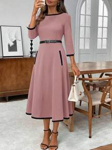 EMERY ROSE Robe ample à manches longues, col rond, style blocs de couleurs, pour femmes grandes tailles. Convient pour les sorties et les fêtes - Rose bonbon - Voir 8