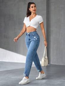 SHEIN Tall Quần jean denim nữ kiểu dáng thường ngày, rách nhẹ, có túi xéo. - Màu xanh lam - Xem 5