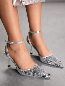 CUCCOO SZL Women's Pointed Toe Ankle Strap Silver Sequin Embellished Stiletto Heel Sexy Party Pumps - Silver - View 5