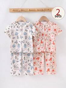 4pcs/Set Young Girl' Ditsy Floral Ruffle Collar Cardigan & Pants Set - Multicolor - View 8