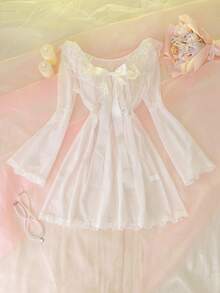 DelicateAllure Camisón de mujer de encaje y gasa con mangas de campana - Blanco - Ver 6