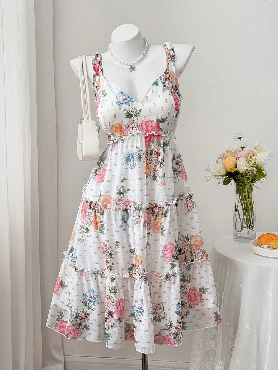 Sweetra Váy hai dây ngắn kiểu chân váy xòe in họa tiết hoa ánh vàng, thích hợp cho kỳ nghỉ. - trắng - Xem 1