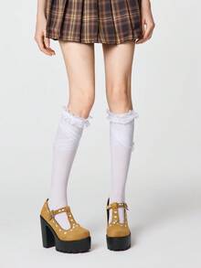 ROMWE Kawaii 女士高跟鞋，黄棕色高跟鞋，暗黑摇滚朋克哥特风鞋，铆钉T字头包头鞋，Y2K风格正装鞋，玛丽珍皮鞋，日本JK制服鞋 - 黃棕色愛心布面 - 查看 2