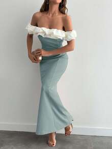 EURMUSE Two Tones Off Shoulder Ruffle Trim Bodycon Dress, Elegant Dress - Mint Green - View 6