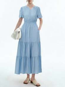 Aalyst Vestido Feminino para Primavera/Verão, Vestido de Linho Franzido Elegante e da Moda com Bolsos, Adequado para Ano Novo, Dia dos Namorados, Páscoa, Dia das Mães, Casamentos do Oriente Médio, Ambiente de Trabalho, Férias Românticas - Azul - Visão 1