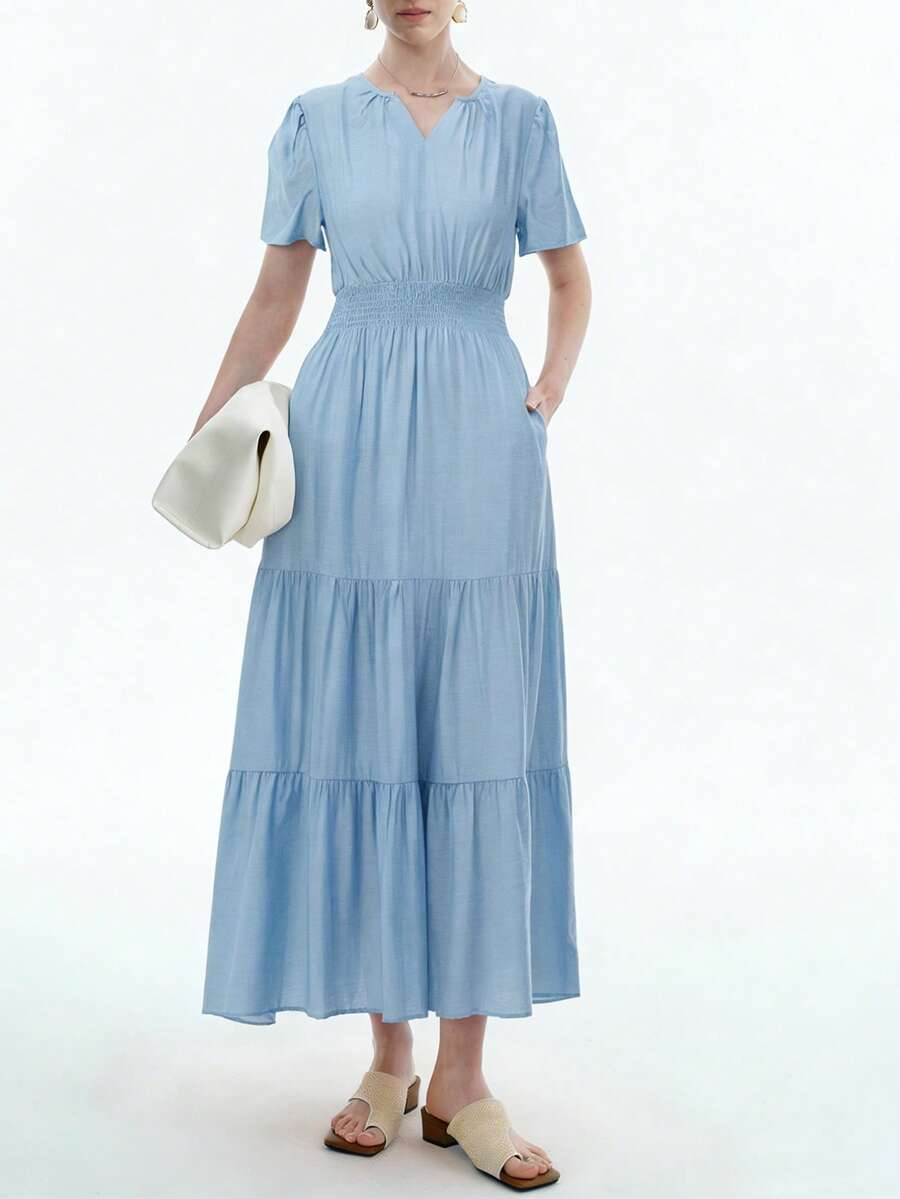 Aalyst Vestido Feminino para Primavera/Verão, Vestido de Linho Franzido Elegante e da Moda com Bolsos, Adequado para Ano Novo, Dia dos Namorados, Páscoa, Dia das Mães, Casamentos do Oriente Médio, Ambiente de Trabalho, Férias Românticas - Azul - Visão 1