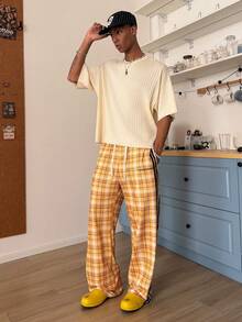 STEELVANCE Men's Casual Letter Embroidery Short Sleeve Ribbed Knit Top, Summer - Beige - View 3