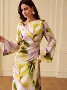 ZEYLAH Đầm satin in hoa thanh lịch, ôm dáng, thắt nơ, thích hợp cho mùa xuân/hè. - Vàng nhạt - Xem 7