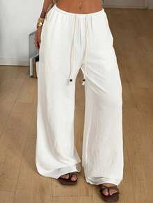 Coolane Women's Spring/Summer Streetwear Chic Casual Boho Vacation Beach Outfits Minimalist Basic Low Rise Comfortable White Straight Pants - White - View 4