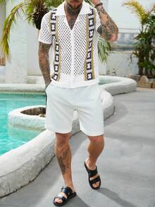 Manfinity RSRT 男士夏季休闲沙滩度假拼接图案V领开襟针织上衣 - 白色 - 查看 4