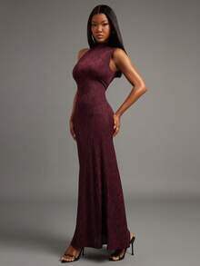 NYA SZN Dress High Neck Asymmetrical Maxi Length Back Split Detail Sexy Easter St. Patrick's Day Spring Break Spring Summer Boho Beach Vacation Travel Event Party Occasion Bridal Animal Snake Print Outfits For Women - Red - View 4