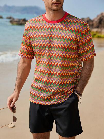 Manfinity RSRT 男士休闲撞色条纹纹理T恤，夏季