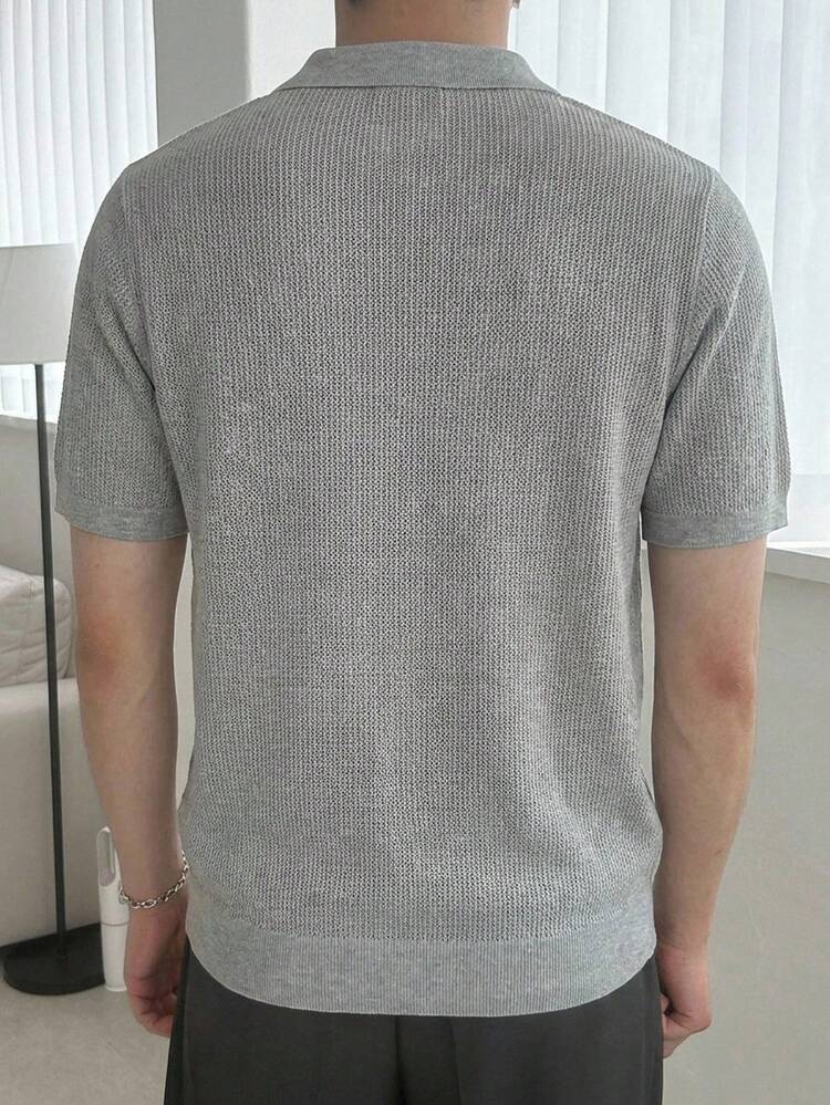 Men's Grey Polo Collar Short Sleeve Knit Top, Summer