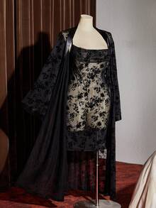 Slumberist Delicate Mesh Flocked Collar Nightgown And Plus Size Robe Set - Black - View 2