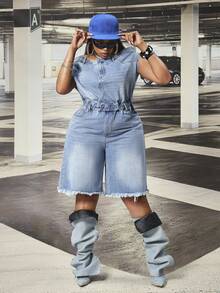 Slaydiva 加大码女式无弹力牛仔连体短裤，欧美新款休闲时尚无肩带露肩宽松牛仔连体裤 - 淺色水洗藍 - 查看 1