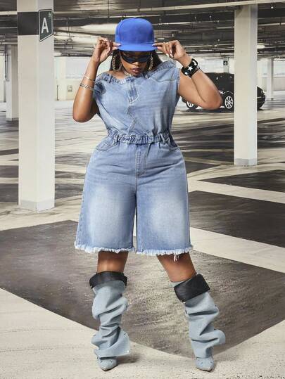 Slaydiva Plus Size Women's Non-Stretch Denim Jumpsuit Shorts, European And American New Casual Fashion Strapless Off-Shoulder Loose Fit Denim Jumpsuit