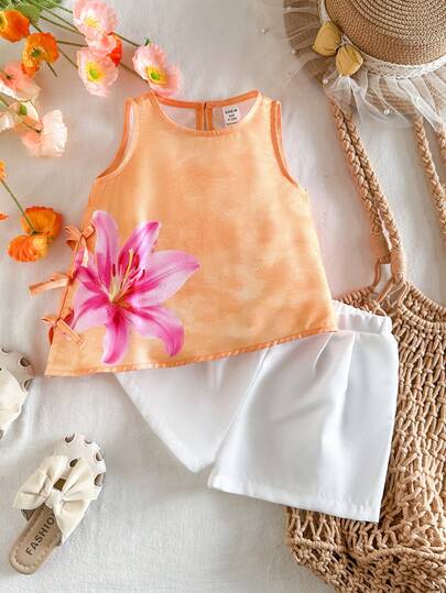 SHEIN Babygirl Cute Floral Print Vacation Casual Tank Top And Shorts Set Squishy Shorts Summer Outfits Summer Clothes Tanktop Vacation