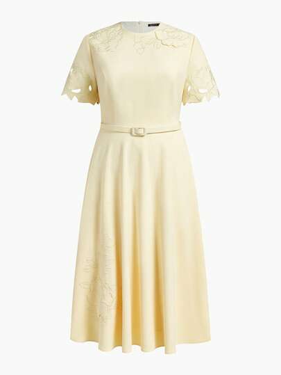 ZEYLAH 大码女式激光切割刺绣花卉搭扣腰带中长连衣裙，春夏款