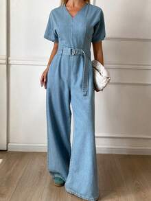 DAZY Women's V-Neck Short Sleeve Waist Cinched Casual Denim Jumpsuit - Light Wash - View 2